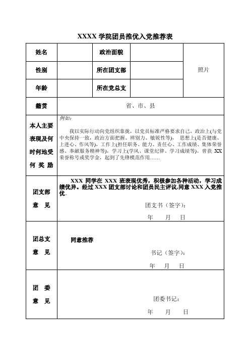 团员推优入党推荐表范文