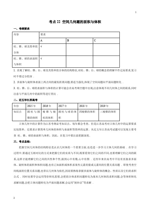 2020年高考数学五年真题与三年模拟考点分类解读(江苏版)22 空间几何题的面积与体积(原卷版)