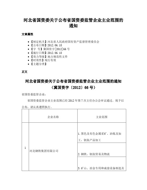 河北省国资委关于公布省国资委监管企业主业范围的通知