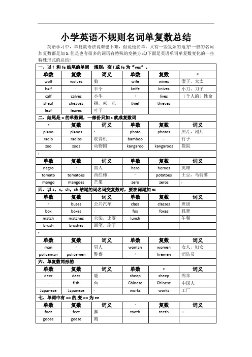 小学英语不规则名词单复数总结