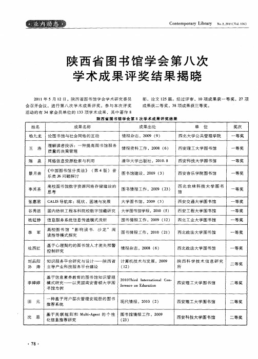 陕西省图书馆学会第八次学术成果评奖结果揭晓