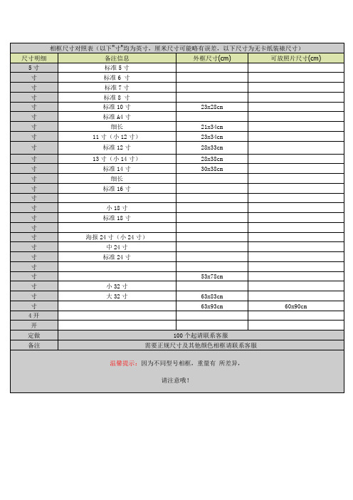 相框尺寸对照表