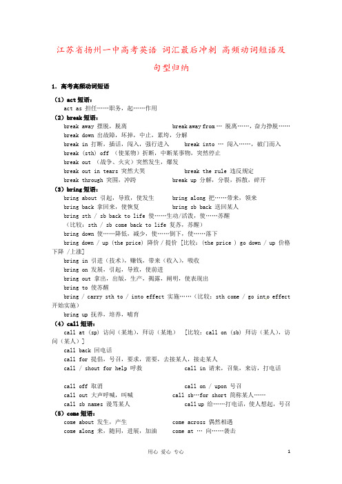 江苏省扬州一中高考英语 词汇最后冲刺 高频动词短语及句型归纳