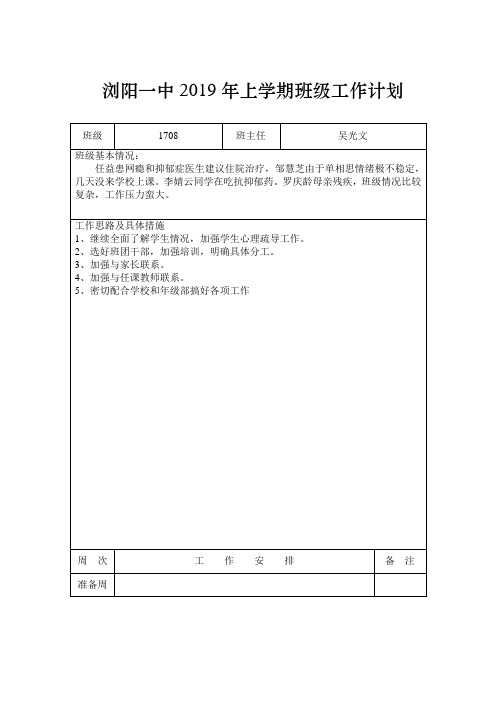 浏阳一中2019年上学期班级工作计划