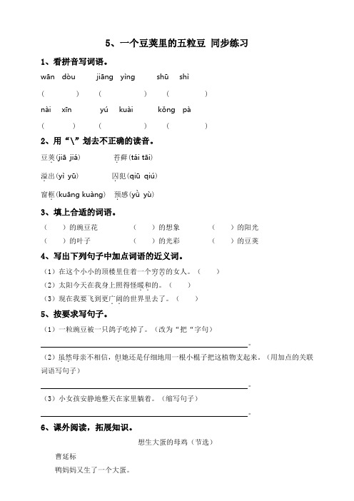 四年级上册语文一课一练-、一个豆荚里的五粒豆(含答案) 人教(部编版)