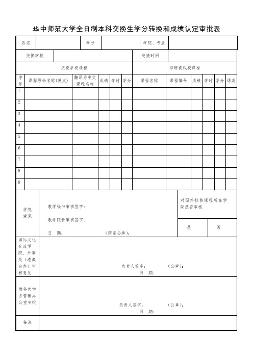 华中师范大学出国交流学分转换审批表