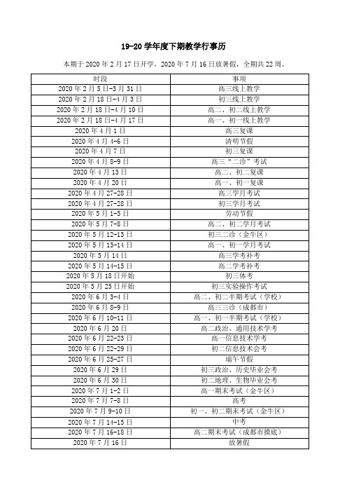 (完整)2020春教学行事历