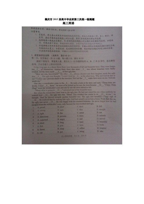 广东省肇庆市2015届高中毕业班第三次统一检测题(图片版附word答案)