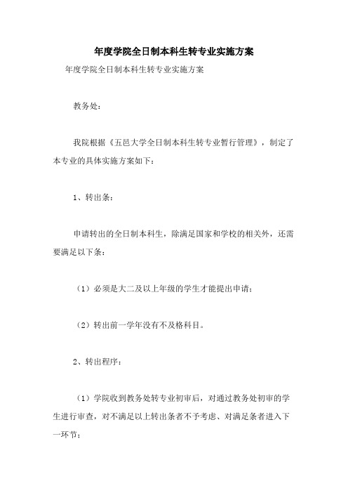2021年年度学院全日制本科生转专业实施方案