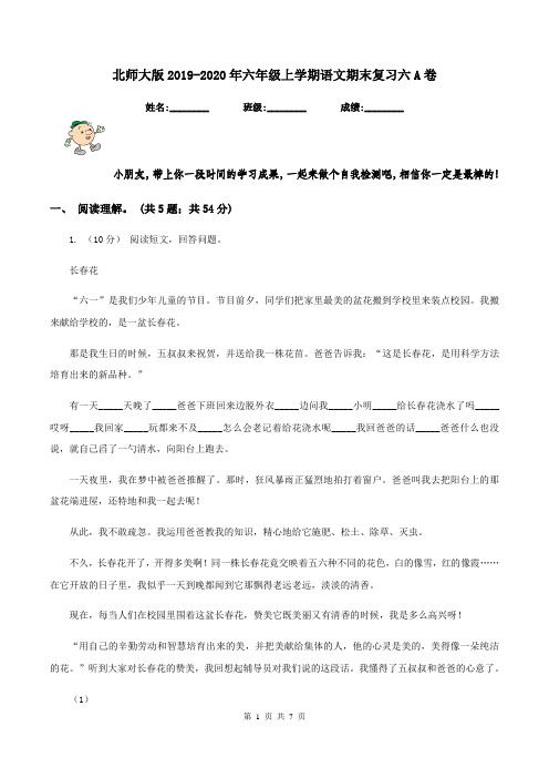 北师大版2019-2020年六年级上学期语文期末复习六A卷