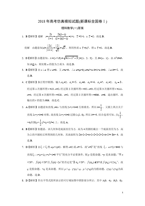 2018年高考仿真模拟试题(新课标全国卷Ⅰ)理科数学(一)答案