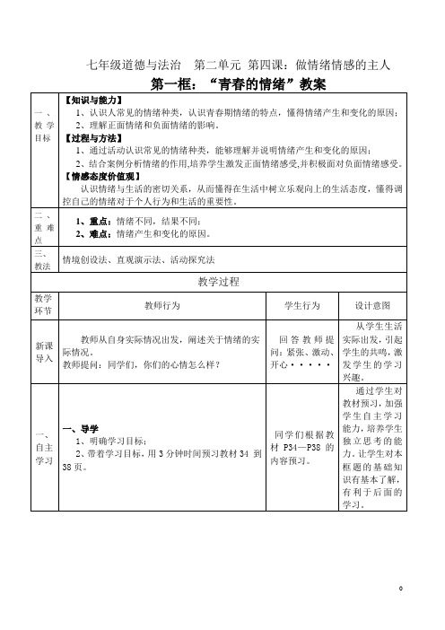 人教版道德与法治七年级下册 4.1 青春的情绪 教案设计(1)