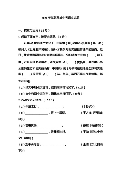 2020年江苏盐城中考语文试题(含答案)