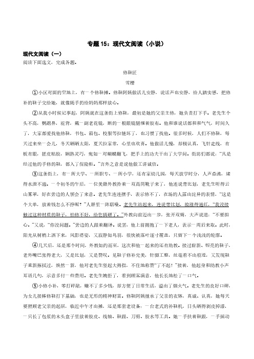 专题15：现代文阅读(小说)-2024年中考语文一轮复习综合强化训练解析版