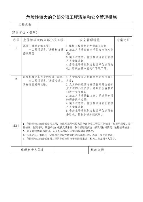 危险性较大的分部分项工程清单及管理措施