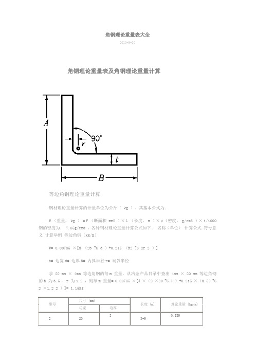 角钢理论重量表大全