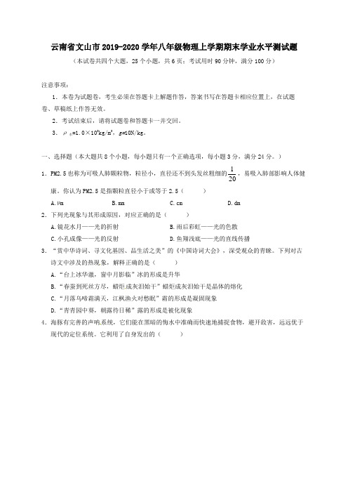 云南省文山市2019_2020学年八年级物理上学期期末学业水平测试题(无答案)