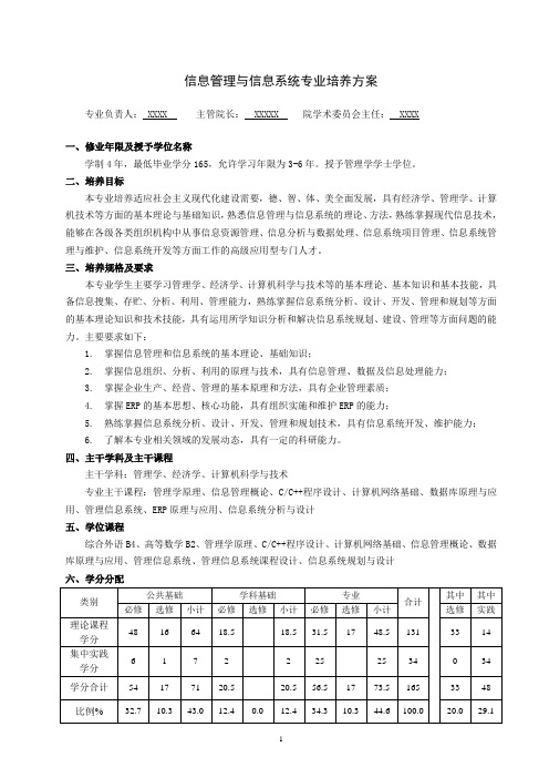 XXXX大学信息管理与信息系统专业培养方案