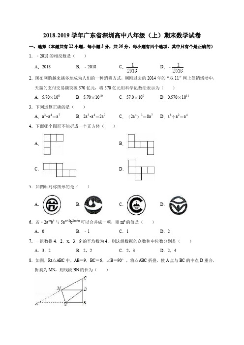 2018-2019学年广东省深圳高中八年级(上)期末数学试卷(解析版)