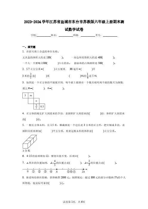 2023-2024学年江苏省盐城市东台市苏教版六年级上册期末测试数学试卷(含答案解析)