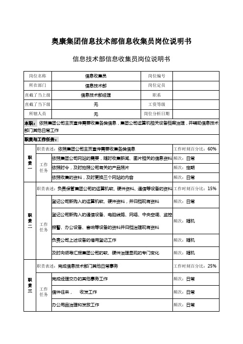 奥康集团信息技术部信息收集员岗位说明书