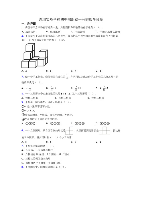 深圳实验学校初中部新初一分班数学试卷