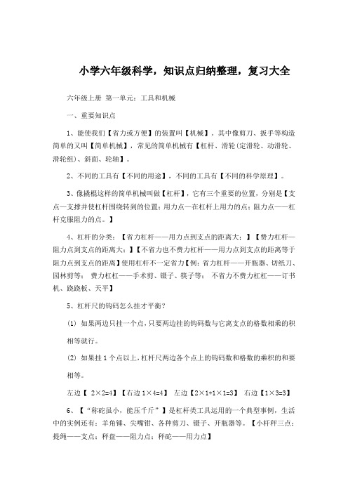 小学六年级科学,知识点归纳整理,复习大全