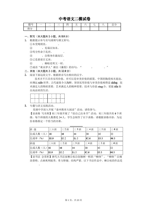 江苏省泰州市 中考语文二模试卷(含答案)