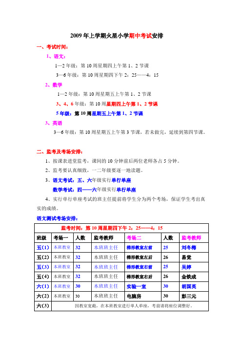 2009年上学期火星小学期中考试安排