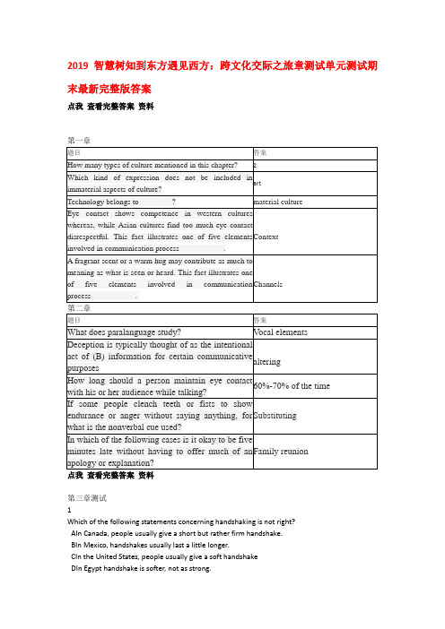 2019智慧树(知到)东方遇见西方：跨文化交际之旅单元测试期末考试参考答案满分完整版资料课后作业题库