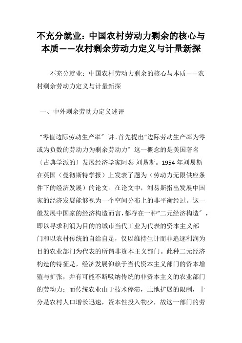 不充分就业：中国农村劳动力剩余的核心与本质——农村剩余劳动力定义与计量新探