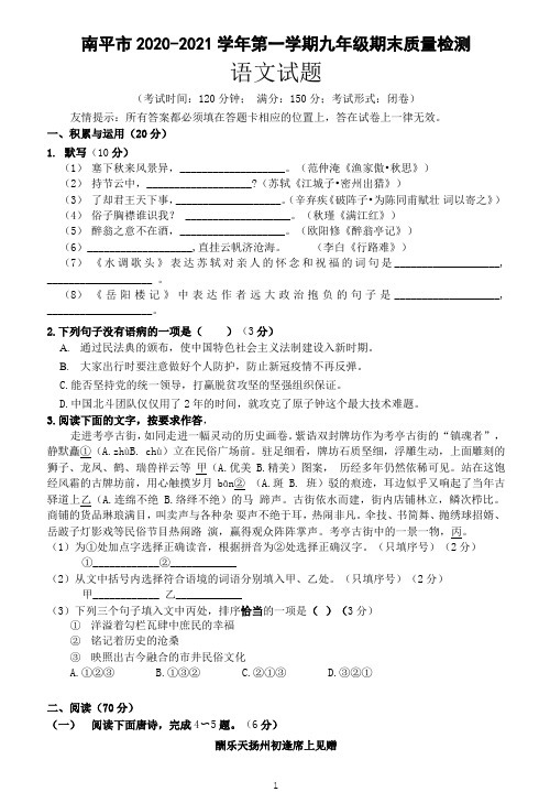 福建省南平市2020-2021学年第一学期九年级期末质量检测语文试卷