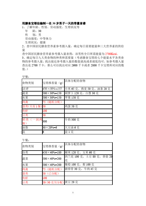 30岁成年男子食谱编制练习参考答案(宝塔法)