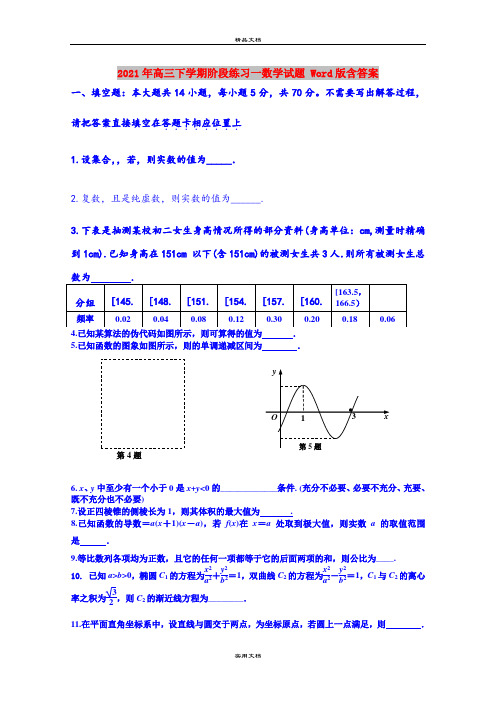 2021年高三下学期阶段练习一数学试题 Word版含答案