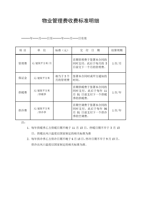 物业管理费收费标准明细