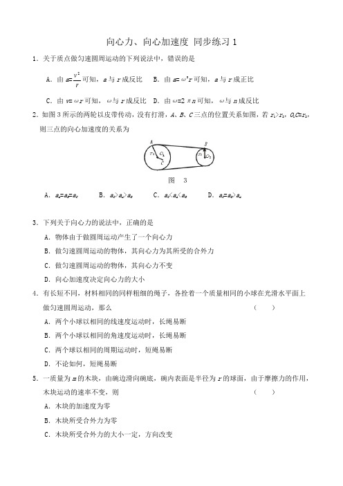 高中物理第一册向心力、向心加速度 同步练习1