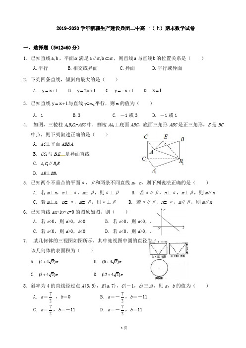 2019-2020学年新疆生产建设兵团二中高一(上)期末数学试卷