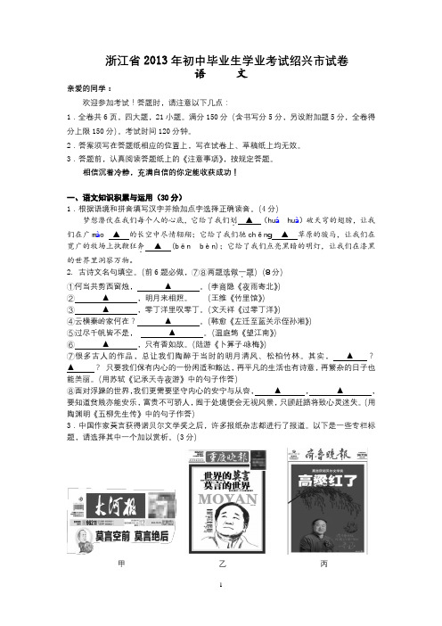 浙江省2013年初中毕业生学业考试绍兴市试卷