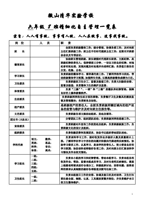 微山清华实验学校班级精细化管理一览表