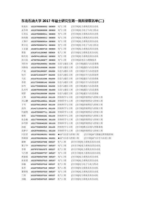 东北石油大学2017年硕士研究生第一批拟录取名单(二)