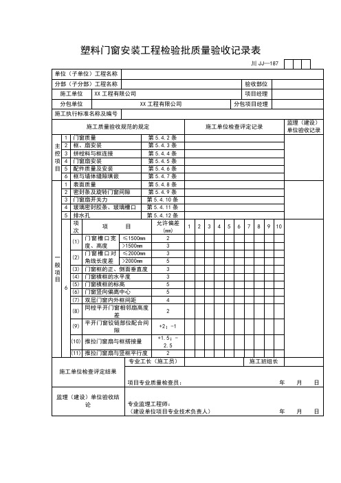 塑料门窗安装工程检验批质量验收记录表