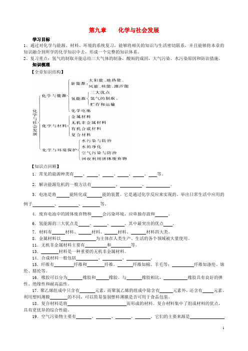 九年级化学下册 第9章 化学与社会发展复习学案(无答案)(新版)沪教版