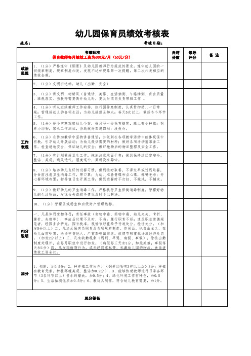 幼儿园保育员绩效考核表(新版)