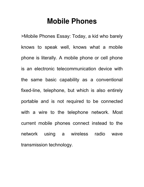 移动电话 Mobile Phones 关于手机的英语作文