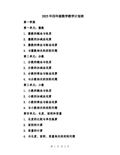 2023年四年级数学教学计划表