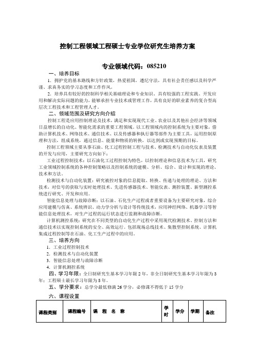 控制工程领域工程硕士专业学位研究生培养方案