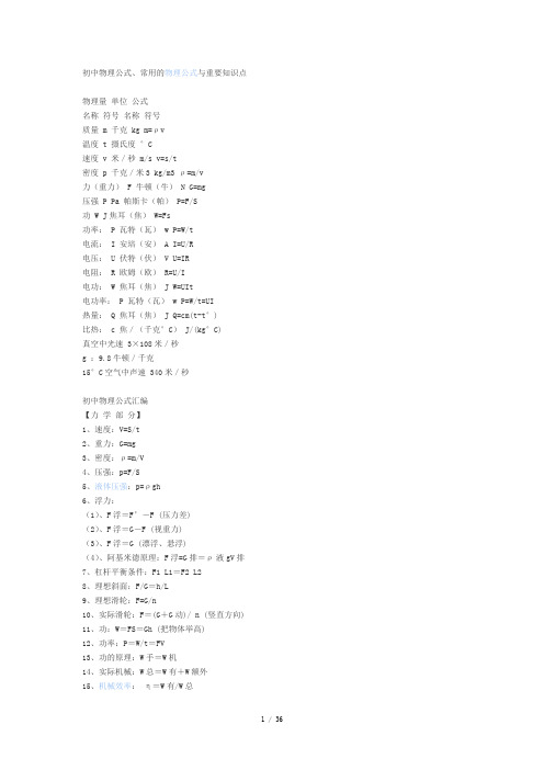 初中物理公式大全Word版
