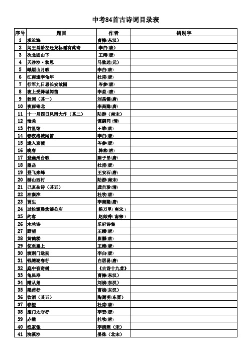 中考84首古诗词目录表