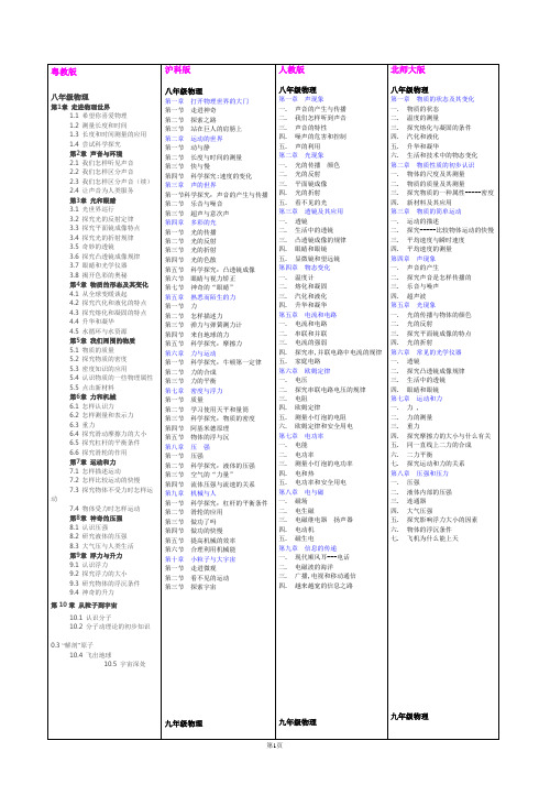 (完整版)初中物理各版本教材目录对比