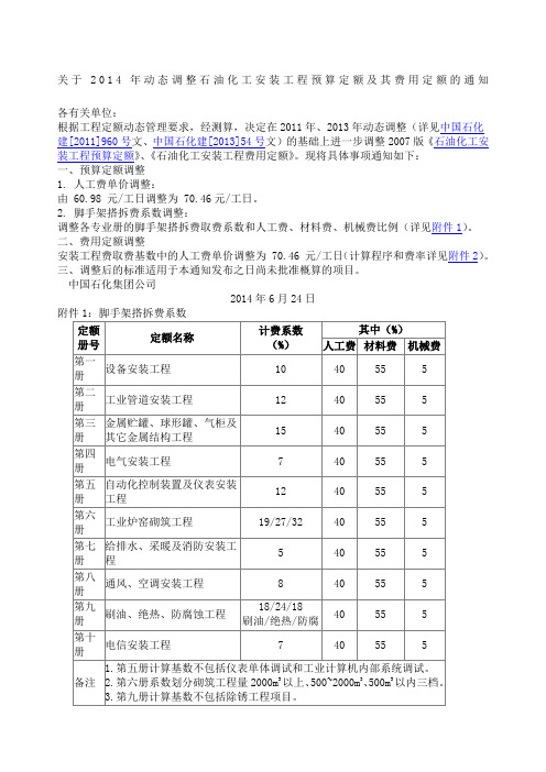 中国石化建号关于动态调整石油化工安装工程预算定额及其费用定额的通知